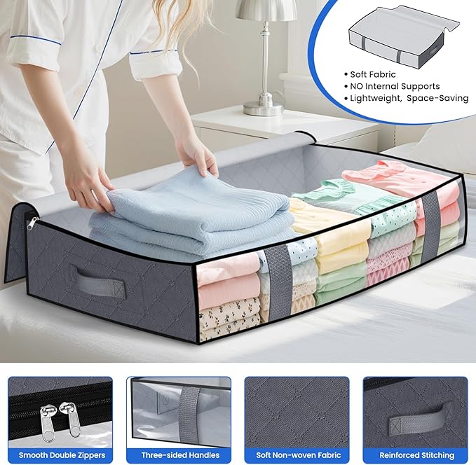 TasticTotes Under Bed Storage Containers, 2 Pack Blanket Storage Bags, Collapsible Storage Bags with Big Zippers, Clear Front, Shoe Storage and Organization for Clothes, Comforter, 90L, Grey