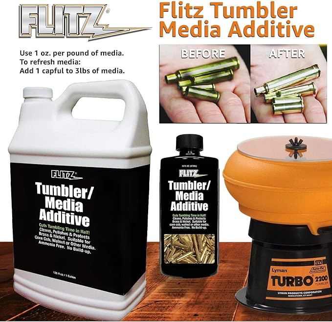 Flitz Tumbler Media Additive - 7.6oz Bottle of USA-Made Brass Cleaner Reloading Liquid for Ammo, Copper, & All Metals - Ammonia-Free Tumbling Polish to Remove Oxidation, Powder Residue (6 Pack)