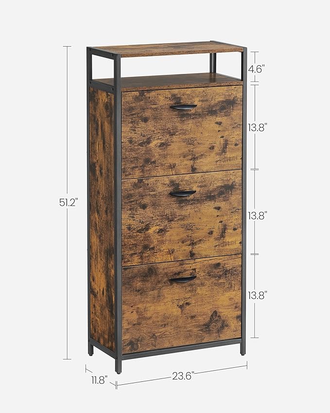 VASAGLE Shoe Cabinet with 3 Flip Drawers, Shoe Storage Cabinet, Asjustable and Removable Dividers, Holds 15-18 Pairs of Shoes, 11.8 x 23.6 x 51.2 Inches, Rustic Brown and Black ULBS101B01