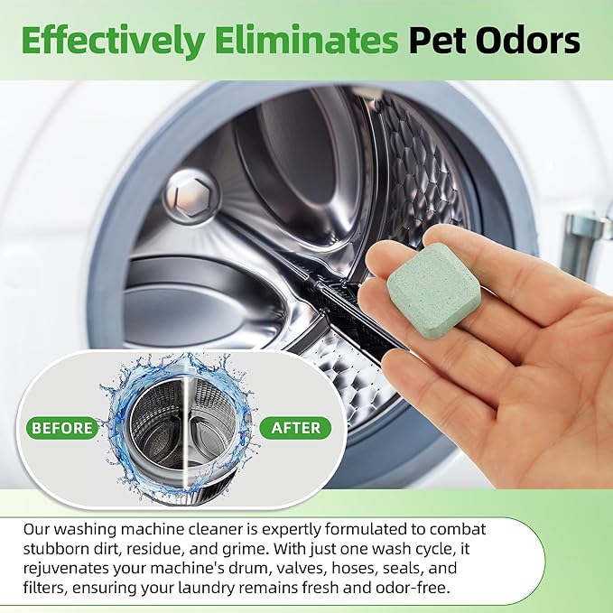 Calvana (30-Pack) Washing Machine Cleaning Tablets, Formulated for Pet Owners, Washer Cleaner, for Front-Loaders, Top-Loaders, HE Machines, Easily Removes Residue, Septic Safe, Over a 12-Month Supply