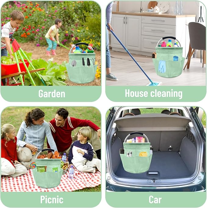 Qivine 17L Cleaning Caddy with Handle, Cleaning Supply Caddy, Foldable Tool Bag Cleaning Products Organizer, Portable Cleaning Bucket Caddy for Cleaning Supplies (Clear Green)