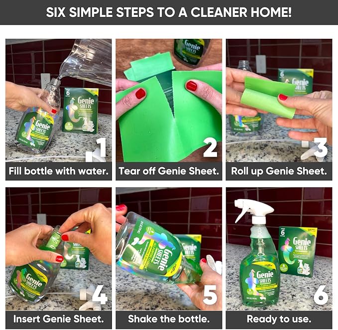 Genie Sheets All Purpose Cleaner | 1 Bottle with Sprayer + Concentrate Makes 6 24oz Refills | Professional-Strength | Just Add Water | Sustainable Eco-Friendly Plant-Based