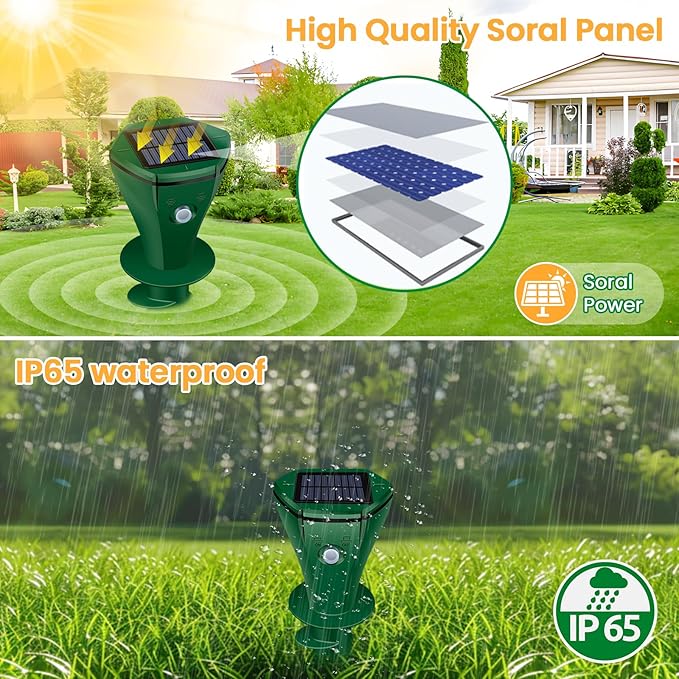 Solar Mole Repellent Ultrasonic, Vole Repeller with 3 Modes & IP65 Waterproof, Gopher & Snake Repellent for Lawn Garden Farm, 5000 SqFt Coverage for Moles Gophers Voles Snakes Groundhogs, 2 Pack