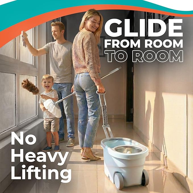Grazie Spin Mop & Bucket Set - 360° Self-Wringing System with Wheels, Stainless Steel Handle - Hands-Free Floor Cleaning for Hardwood, Tile, Laminate - Includes 4 Washable Microfiber Mop Head Refills