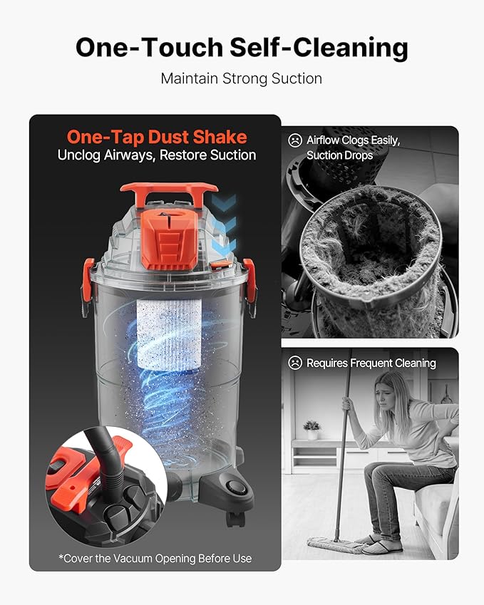 VEVOR Shop Vac, 8 Gallon Wet Dry Shop Vacuum, 4.5 Peak HP Portable with One-Button Self-Cleaning, Dual-Filter, 900W Input Power, 1.25in x 7ft Hose, 9.8ft Cord for Jobsite, Workshop, Garage, Home