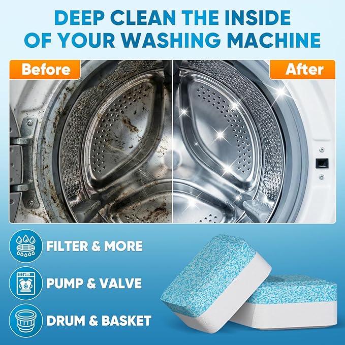 Washing Machine Cleaner Tablets - 30 Pack, 1+Year Laundry Use, Fits All Washers, Cleaning Drum & Tub Seal Removes Limescale, Odors & Buildup, Eco-Safe, Residue-Free, Pet-Friendly, Septic Safe