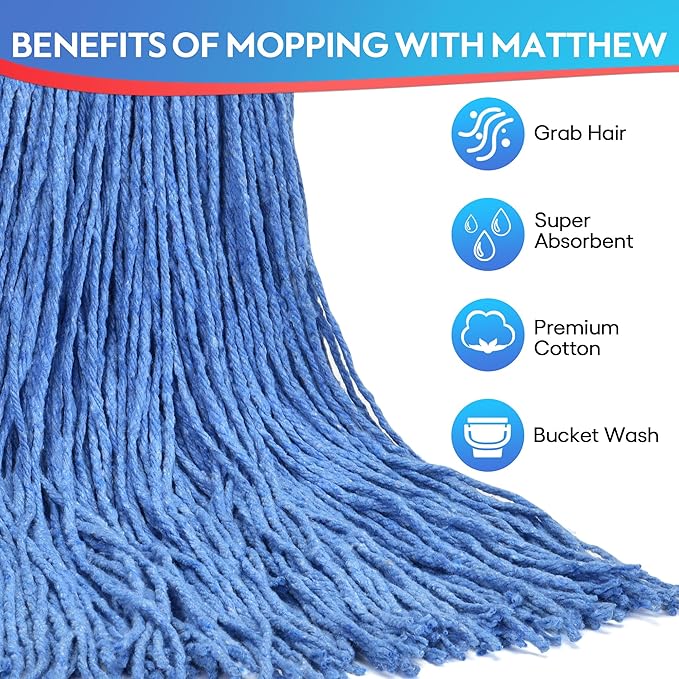 Matthew Cleaning 16oz 3Pack Cotton Floor Mop,Cotton Looped-Open String Heavy Duty String Refills, Universal Headband Blend ,Mop Head Replacement for Home, Industrial and Commercial Use(Blue)