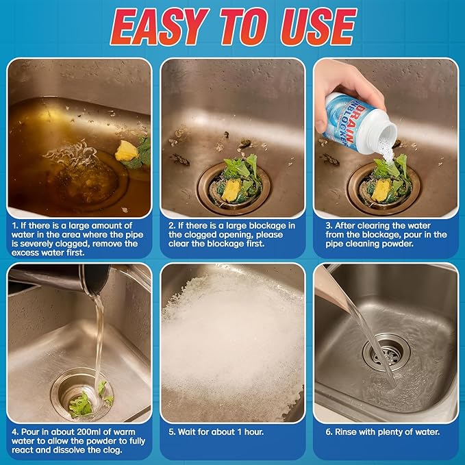Drain Clog Remover, Powerful Sink Drain Cleaner Powder, Fast Removes Clogs, Hair, Grease & Soap Scum, for Pipes Home Use 260g