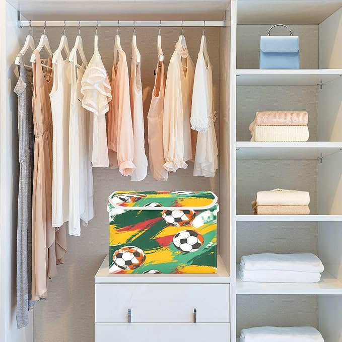 senya Large Storage Bins with Linen Collapsible Foldable Storage Cubes Fabric Closet Organizer Containers box with Flip-Top Lid for Home Bedroom Office 16.7 x 12.6 x 11.8in (Football)