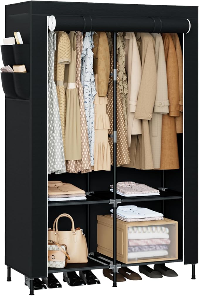 CASAMAYA Portable Closet, 34 Inch Large Capacity Wardrobe Closet with Cover, Clothes Storage Organizer with Shelves and 2 Hanging Rods, Easy to Assembly, Black PCT202B01