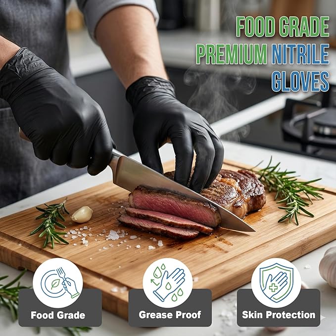 Black Nitrile Gloves Disposable 5 Mil with 5 Bonus Travel Packs - Food Safe, Textured Grip for Cooking, Food Prep & Household Cleaning - Latex Free & Powder Free - 110 Pcs, Large
