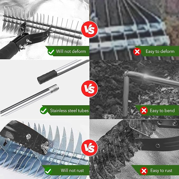 Thatch Rake,15" Lawn Dethatcher Rakes,Dead Grass Remover,Manual Dethatching Rake with Adjustable Length Handle,Scarifier Rake,Thatching Rakes for Lawns Grass Loosening Soil