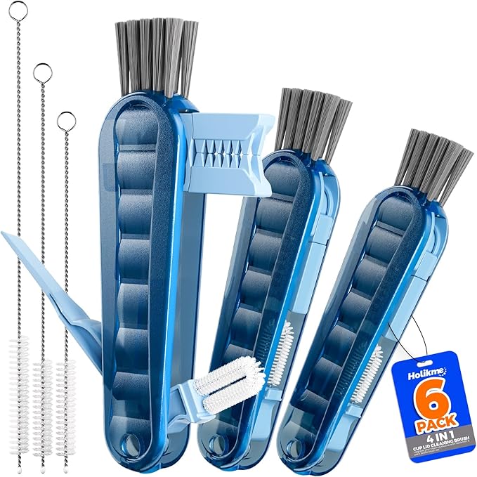 6 Pack Holikme 4 in 1 Cup Lid Cleaning Brush Set with 3 Straws, Multifunctional Bottle Brush, Silicone Cup Lid Gap Cleaner, Durable Bristle Crevice Cleaning Brush, Navy