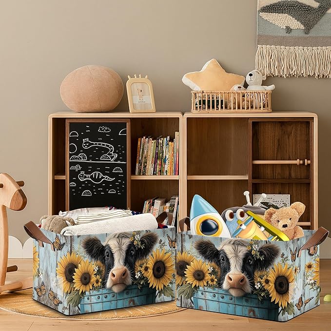 Wooden Highland Cow Storage Baskets,Butterfly Sunflower Foldable Large Capacity Organizer Bins with Waterproof Lining and Leather Handles for Closet,Shelf,Bedroom 17x11.5x10Inch
