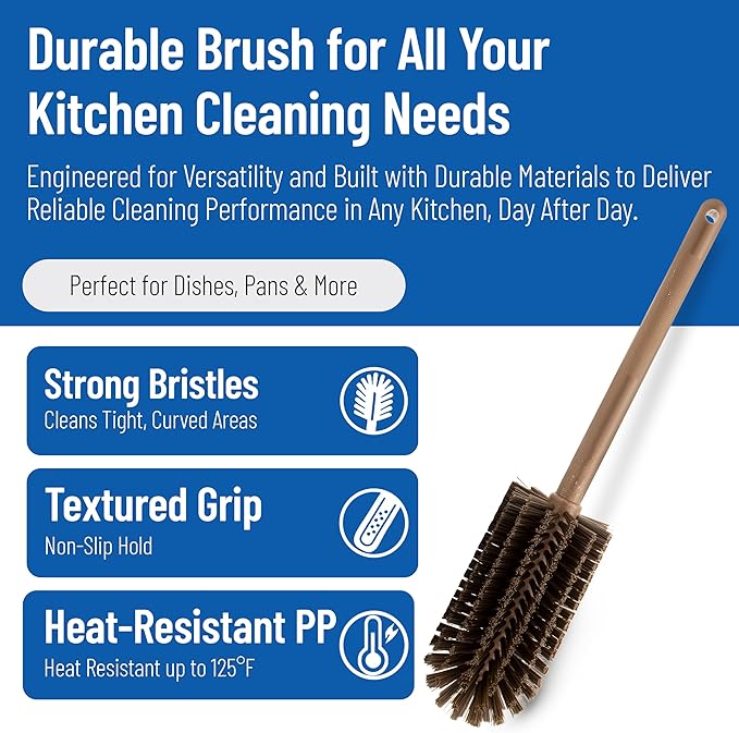 SPARTA Large Water Bottle Brush Ideal for Wide-Mouth Jars, Bottles and Tumblers, Dishwashing Tool with Handle for Home and Commercial Kitchens, Plastic, 16 Inches, Brown, (Pack of 4)
