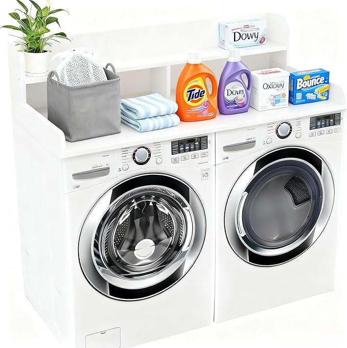 NAT Maya 2-Tier Washer and Dryer Countertop, 54" W x 27.6" D Laundry Room Organization,Washer Dryer Topper Storage for Folding Clothes Over Washer and Dryer-White