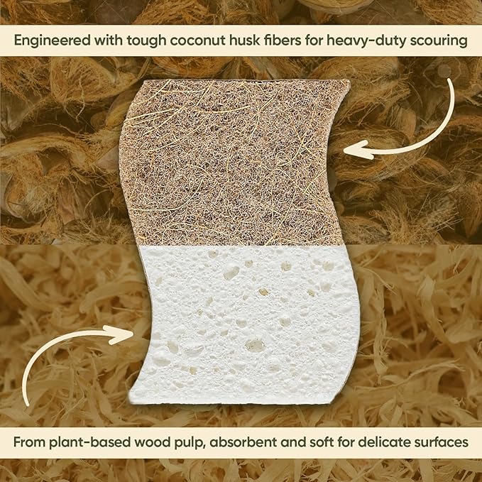 Plant-Based Kitchen Sponges (12 Pack) | USDA Biobased Certified | FSC & PETA Approved | Natural Cellulose & Coconut Scrubber Sponge | S-Shaped Design | Eco-Friendly, Non-Scratch, Non-Toxic & Vegan