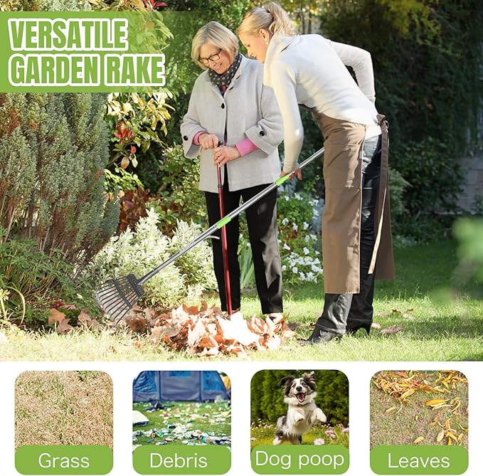 Joyhalo Small Rakes for Leaves, 8.5 Inch Wide Head Leaf Rake with 11 Tines, Metal Garden Rakes with Adjustable Handle from 38.5 to 65 Inch for Gardening, Clippings, Gathering Leaves, Weeds, Debris