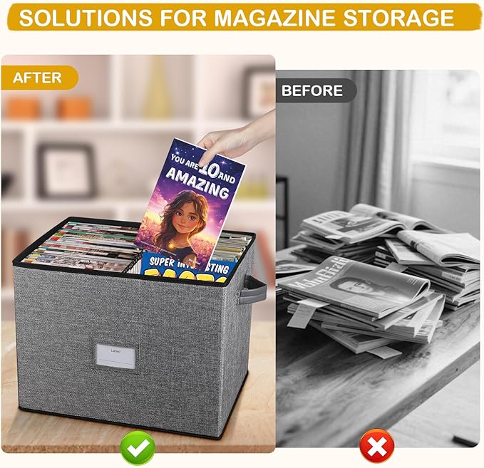 Lukeline Magazine Storage Box,Collapsible Fabric Magazine Holder with Handles, Stackable Magazine File Holder for Files, Books, Newspapers, Documents
