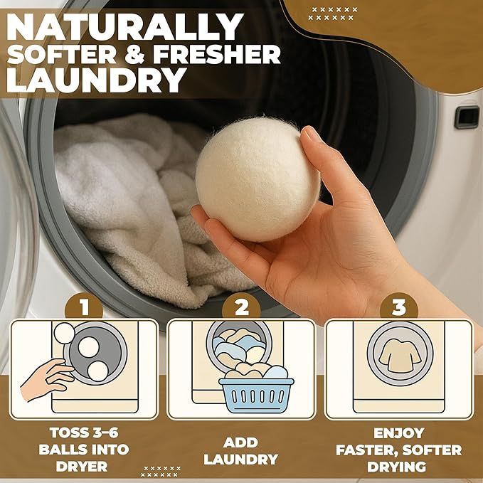 XL Dryer Balls from 100% New Zealand Wool (6-Pack), Natural & Reusable Fabric Softener Balls for 1000+ Loads, Essential Oil Ready Laundry Accesories, Reduces Wrinkles & Cuts Drying Time