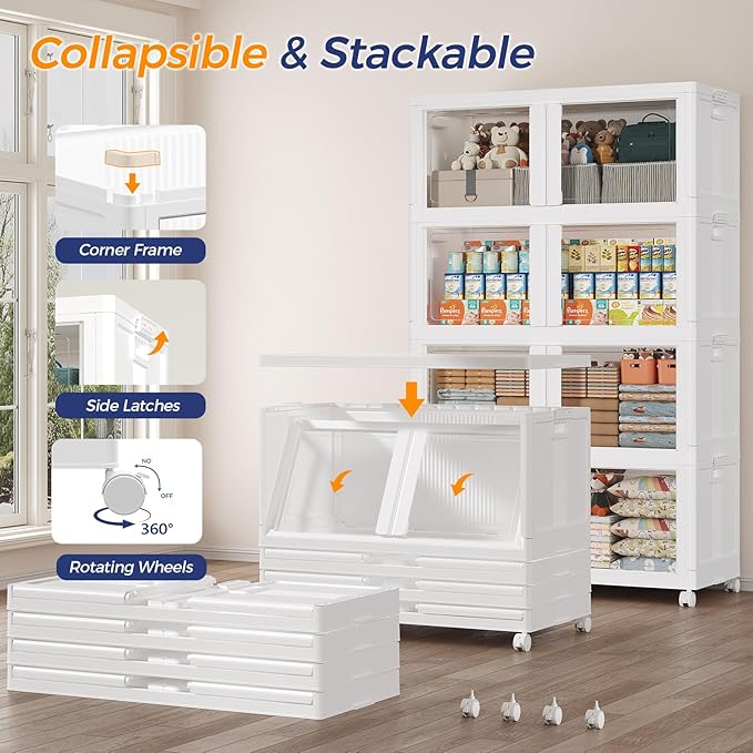 800Qt Stackable Storage Bins with Lid and Wheels, 200Gal Plastic Closet Organizer and Storage Drawer, Large Collapsible Storage Box Cabinet with Clear Door for Home Kitchen Office, 4Pack White