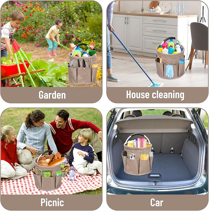 Qivine 17L Cleaning Caddy with Handle, Cleaning Supply Caddy, Foldable Tool Bag Cleaning Products Organizer, Portable Cleaning Bucket Caddy for Cleaning Supplies (Khaki)