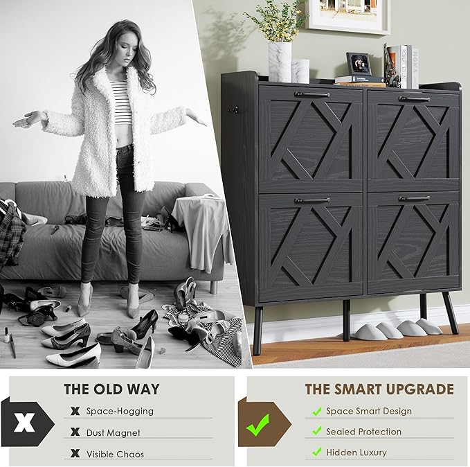 Nicetree Shoe Cabinet, Shoe Storage Cabinet for Entryway, Farmhouse Narrow Shoe Rack Cabinet with Metal Legs, Foyer, Hallway,4 Flip Drawers,Black
