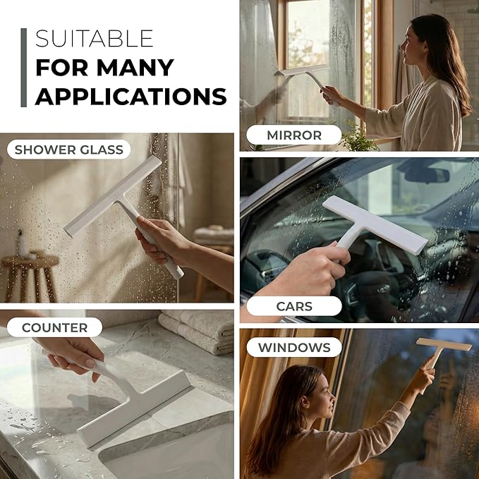GÜTEWERK Silicone Shower Squeegee for Glass Doors & Mirrors with Stainless Steel Core, Streak-Free & No-Squeak Window Cleaning, 3-in-1 No-Drill Mount (Hook/Suction/Adhesive),White, 9 Inches