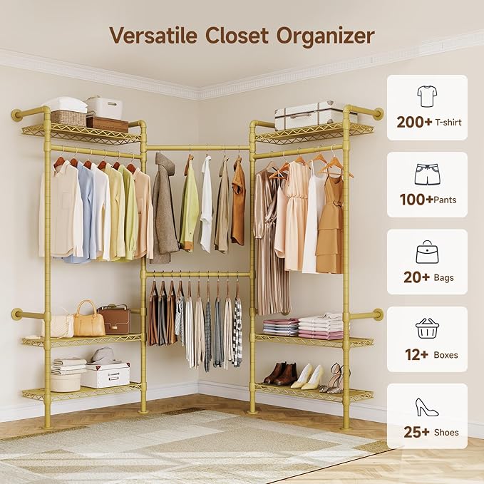 L3 Industrial Pipe Closet Organizer System, Wall Mounted Clothes Rack Clothing Racks with 4 Telescopic Rods & 6 Shelves , Heavy Duty Closet System in Wardrobe Closet (Gold)