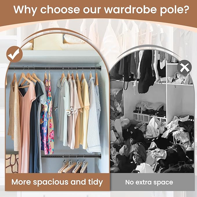 Metal Black Closet Rods for Hanging Clothes, 1.3 Inch Diameter Heavy Duty Closet Rod 17-51 Inch Adjustable Clothes Hanging Bar Shower Curtain Rods for Closet, Wardrobes, Bathroom, Windows