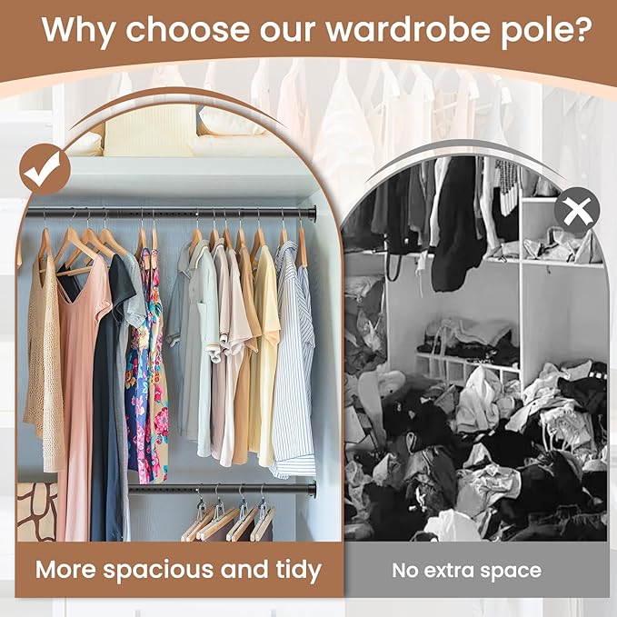 Hanging Closet Rod,17-87 Inches Space Saving Heavy Duty Closet Rod Extender Hanging, Black Black Adjustable Clothes Hanging Bar, Stainless Steel Closet Garment Organizer Rack, Bathroom, Windows