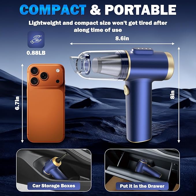 Handheld Car Vacuum Cleaner, 2-in-1 Portable Mini Car Vacuum Cleaner,16000Pa High Power & Air Duster, Handheld Vacuum Cordless with LED Light and Multi-Nozzles for Car,Home,Office(black blue)