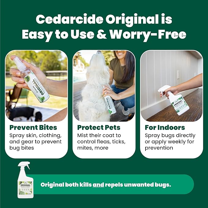 Cedarcide Original Bug Spray | Repel & Kill Fleas, Ticks, Mosquitoes, Mites, Ants & Chiggers | for use on People, Pets & Home | Natural Cedar Oil | Eco-Friendly | 4 Oz