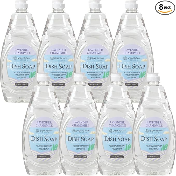 Ginger Lily Farms Botanicals Plant-Based Liquid Dish Soap, Concentrated Formula with Max Grease Cleaning Power, Cruelty-Free, Lavender Chamomile Scent, 24 Fl Oz (Pack of 8)