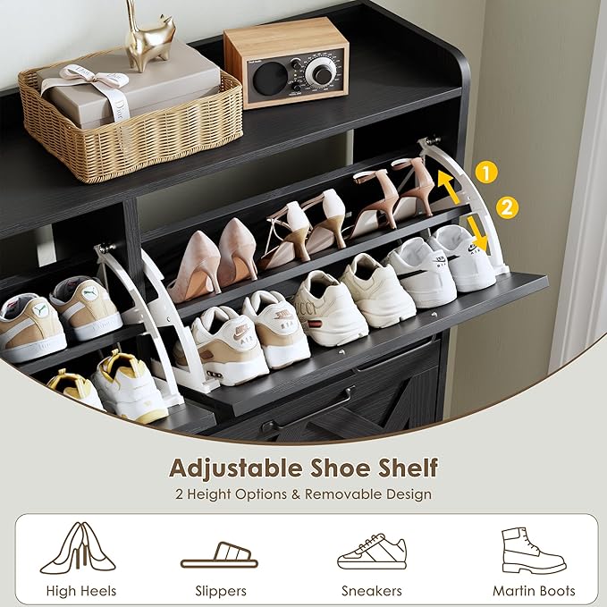 Nicetree Shoe Cabinet, Shoe Storage Cabinet for Entryway, Farmhouse Narrow Shoe Rack Cabinet with Metal Legs, Foyer, Hallway,4 Flip Drawers,Black
