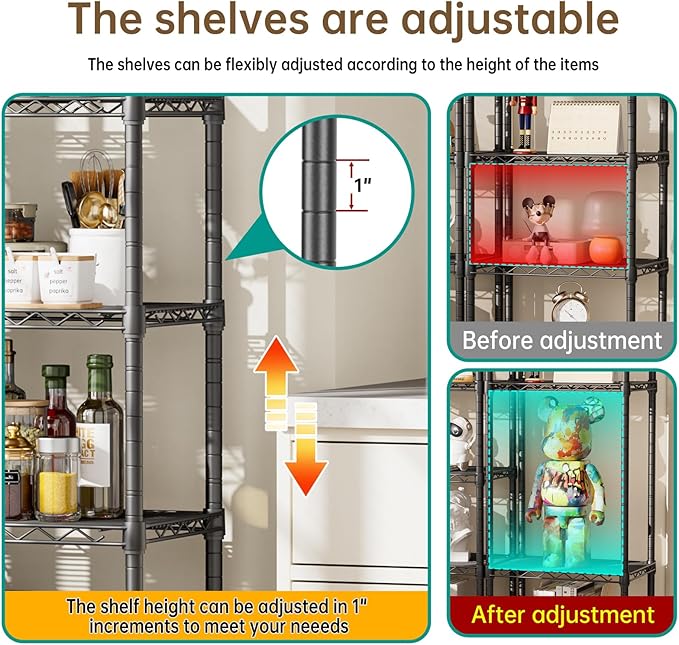 Golpart 6 Tier Shelf Adjustable Storage Mesh Gaps Metal Utility Shelves Wire Shelving Unit Organizer Rack for Home Kitchen Office Bathroom Pantry Room10 D x 16" W x 60" H Black