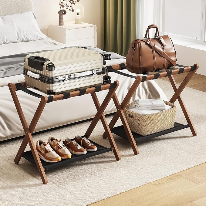 Fully Assembled Luggage Rack, Walnut Luggage Rack for Guest Room, Bamboo Folding Suitcase Stand with Storage Shelf, 5 Nylon Straps, Luggage Holder for Bedroom Hotel, 26.77"W x 16.93"D x 22.5"H, 1 Pack