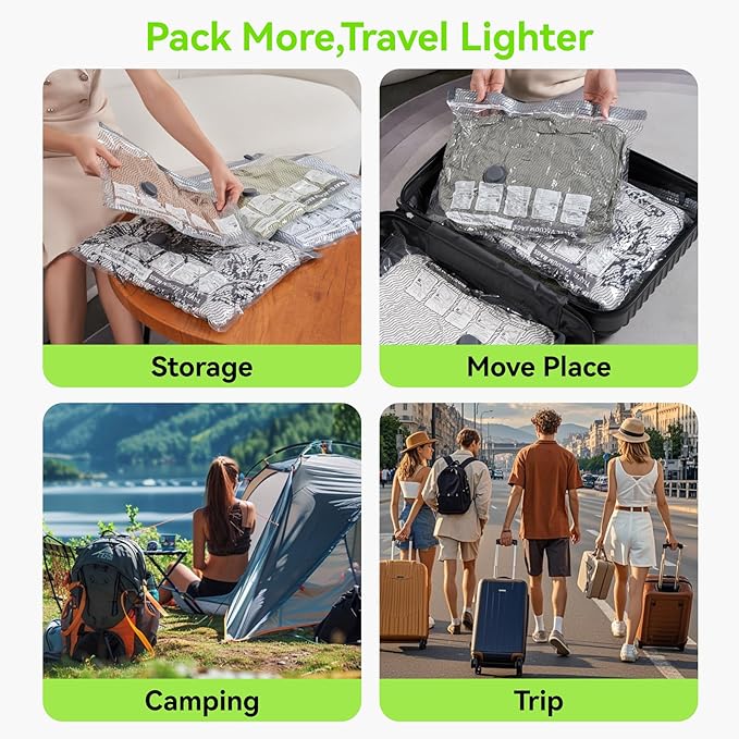 12 Pack Vacuum Bags for Travel with USB & TYPE C Pump,Compression Packing Cubes for Luggage,Carry-on Space Saver Vacuum Seal Bags&Vacuum Storage Bags for Vacation(Green)
