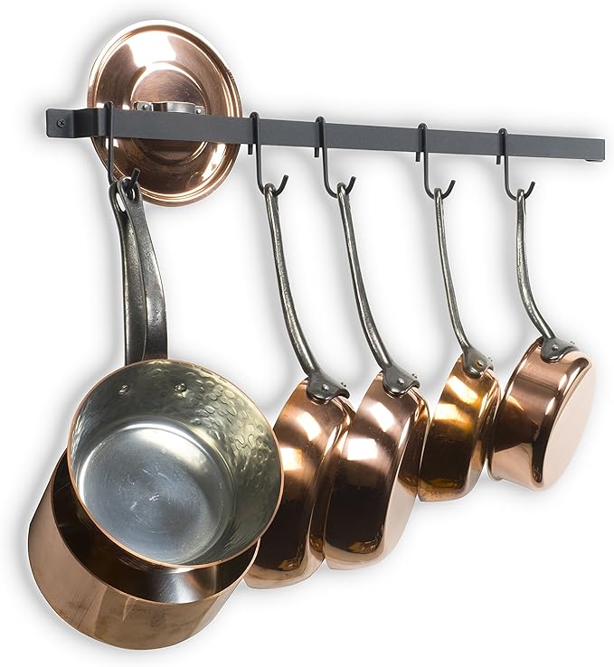 Wallniture Casto 30" Gourmet Kitchen Rail with 15 S Hooks for Hanging Kitchen Utensils Set and Cookware, Iron, Frosty Black