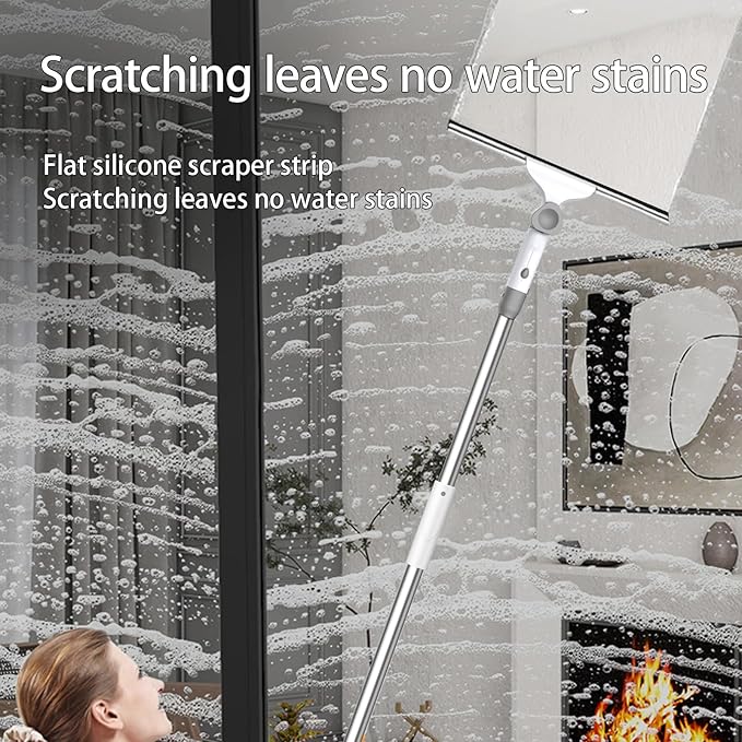 Window Cleaning Squeegee Kit, 14" Silicone Blade and Microfiber Scrubber with 54" Aluminum Handle, 2-in-1 Rotating Window Cleaner for Glass Doors, Shower, Mirrors and Home Windows – LJGG (Gray/White)