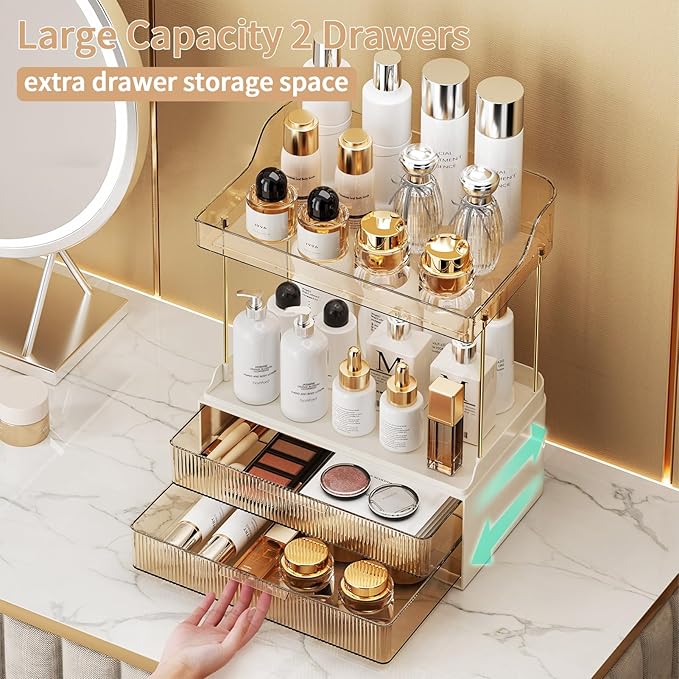 Shuang Qing 2-Tier 2-Drawer Bathroom Countertop Organizer - Multi-Purpose Makeup Storage Rack for Vanity, Cosmetic Counter Organizer (Gold)