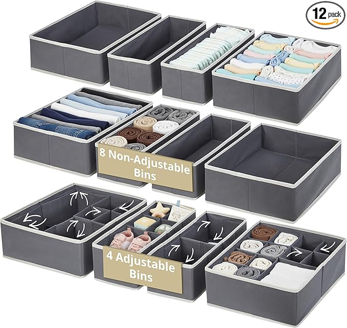 DECOMOMO Drawer Organizer for Baby – Clothes Organizer & Storage Dividers for Nursery, Storage Bins for Underwear, Bra, Socks, Diapers & Newborn Essentials (Grey, 12pcs)