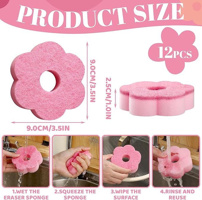 Tioncy 12 Pack Pink Flowers Sponges Bulk Spring Kitchen Decor Dual Sided Scrubber Sponges Dishwashing Kitchen Cleaning Accessories for Household Supplies
