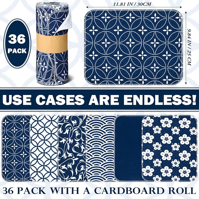 36 Pack Japanese Reusable Cleaning Cloths Washable Cotton Kitchen Towels for Home (Blue)