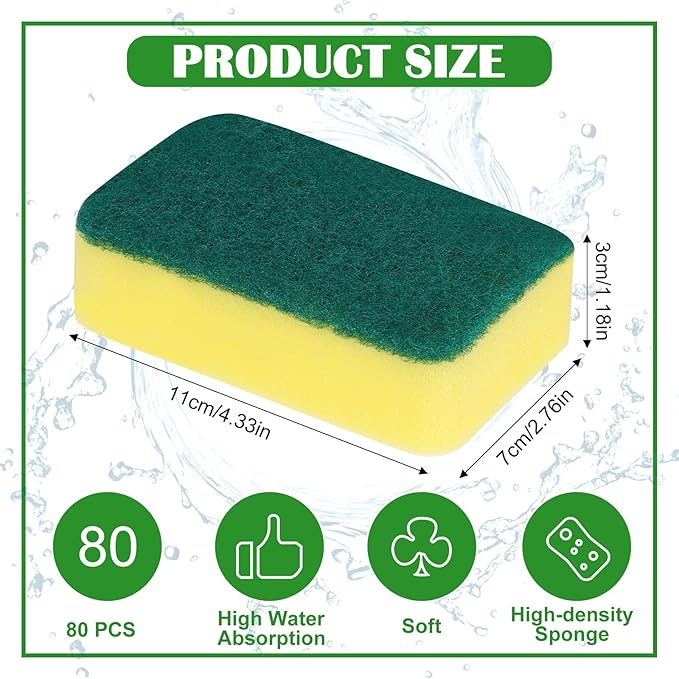 80 Pack Cleaning Sponges Kitchen High Density Dish Sponges Scrub Sponge Multi-Surface Cleaning Scrubber Pad, Durable Dishwashing Sponge Bulk Cleaning Supplies for Washing Dishes, Home, Bathroom, Car