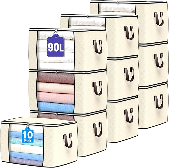 Budding Joy 90 L Large Storage Bags, 10 Pack Clothes Storage Bins Foldable Closet Organizers Storage Containers with Reinforced Handle for Clothing, Blanket, Comforters, Bed Sheets, Pillows (Beige)