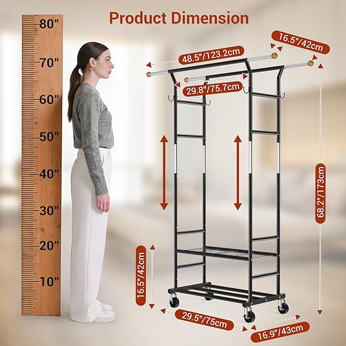 Clothes Rack with 3-Level Height Adjustment - Double Rod Extendable Hanging Rails with Wooden Finials, Luxury 2-Tier Metal Storage Shelves - Sturdy Wardrobe Rack for Closet, Bedroom or Laundry