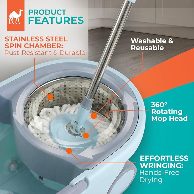 Grazie Spin Mop & Bucket Set - 360° Self-Wringing System with Wheels, Stainless Steel Handle - Hands-Free Floor Cleaning for Hardwood, Tile, Laminate - Includes 4 Washable Microfiber Mop Head Refills