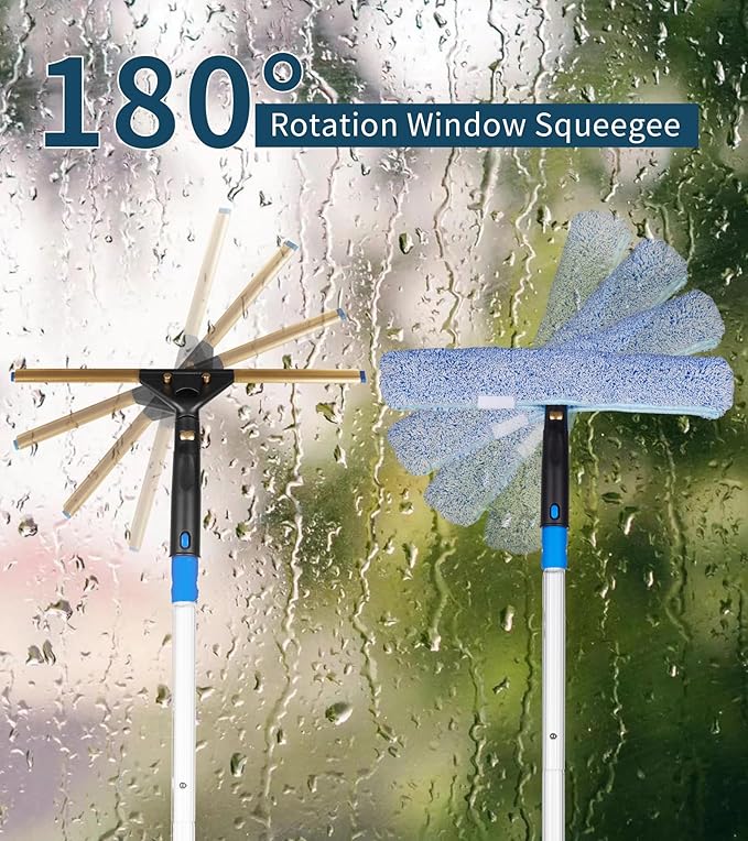 Window Cleaning Kit,Swivel Squeegee & Scrubber with Extension Poles,Foldable Bucket,Blendable Duster,2 Scrubber Pads & Cleaning Cloth, Glass Scraper Cleaning Tool Kit for Window Glass Mirror Car