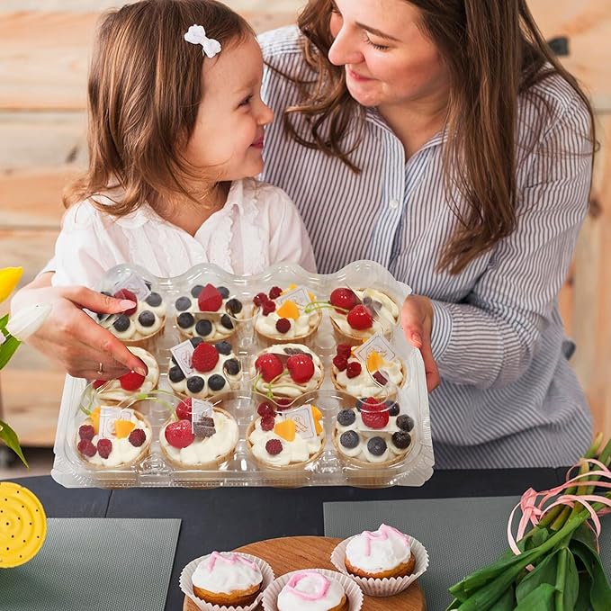 WIKDAY 12 Count x 6 Sets Plastic Cupcake Containers, Durable and BPA-Free Cupcake Holder with Lid for Easy Transport Storage, Stackable Clear Cupcake Carriers, Reusable Dessert Boxes